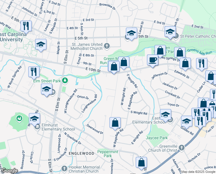 map of restaurants, bars, coffee shops, grocery stores, and more near 106 Maplewood Court in Greenville