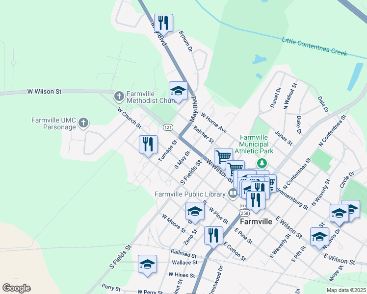 map of restaurants, bars, coffee shops, grocery stores, and more near 3901 West Wilson Street in Farmville