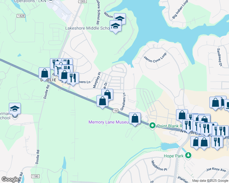 map of restaurants, bars, coffee shops, grocery stores, and more near 122 East Morehouse Avenue in Mooresville