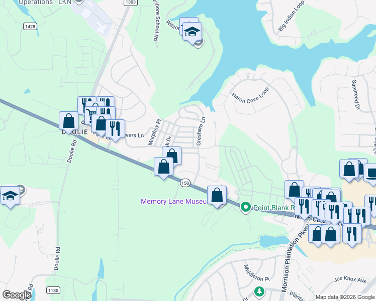 map of restaurants, bars, coffee shops, grocery stores, and more near 128 East Morehouse Avenue in Mooresville