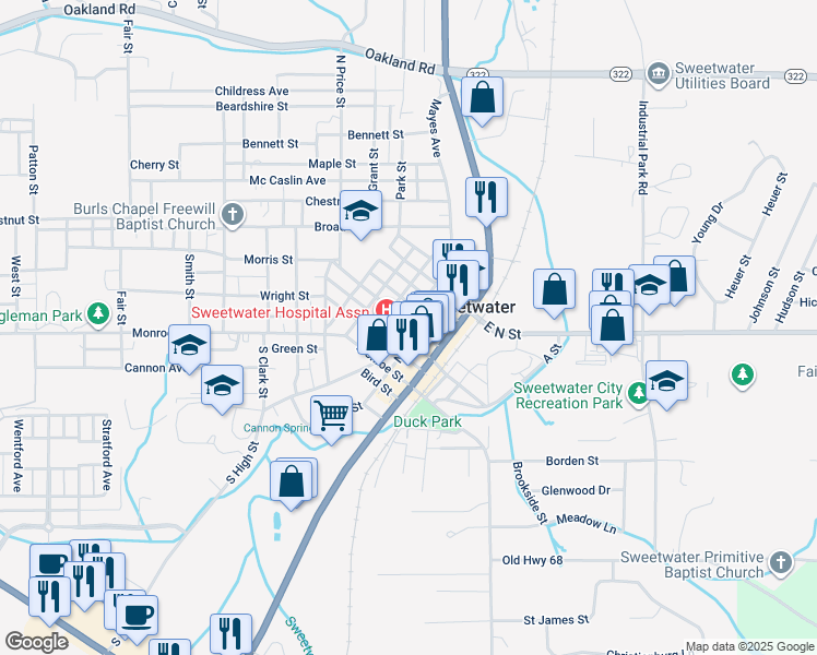 map of restaurants, bars, coffee shops, grocery stores, and more near 308 North High Street in Sweetwater