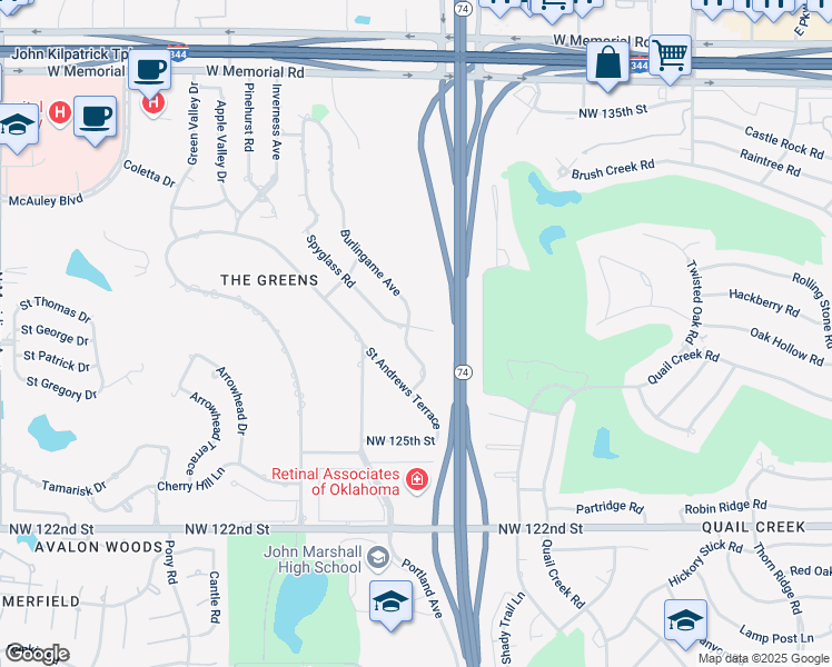 map of restaurants, bars, coffee shops, grocery stores, and more near 3724 Spyglass Road in Oklahoma City