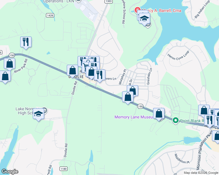 map of restaurants, bars, coffee shops, grocery stores, and more near 136 Dry Rivers Lane in Mooresville