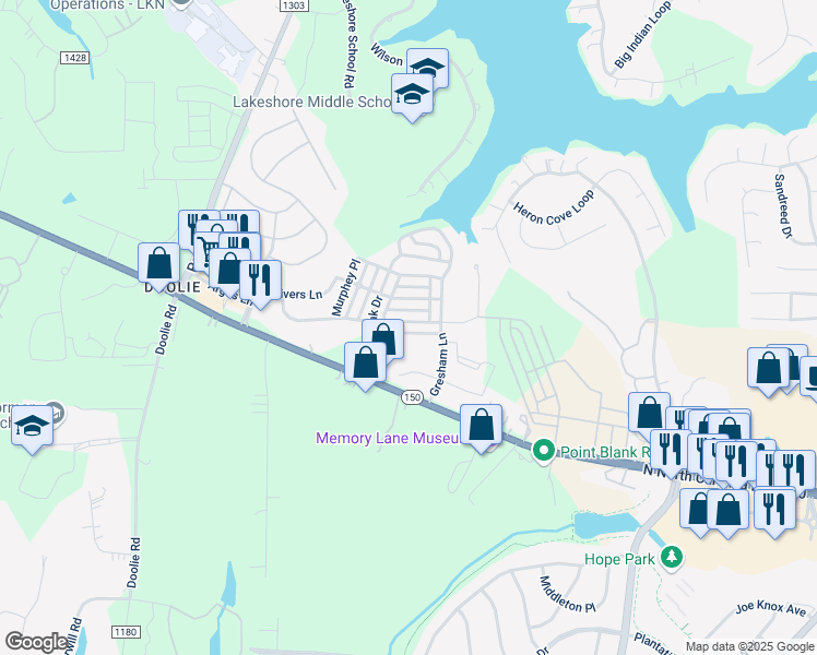 map of restaurants, bars, coffee shops, grocery stores, and more near 122 East Morehouse Avenue in Mooresville