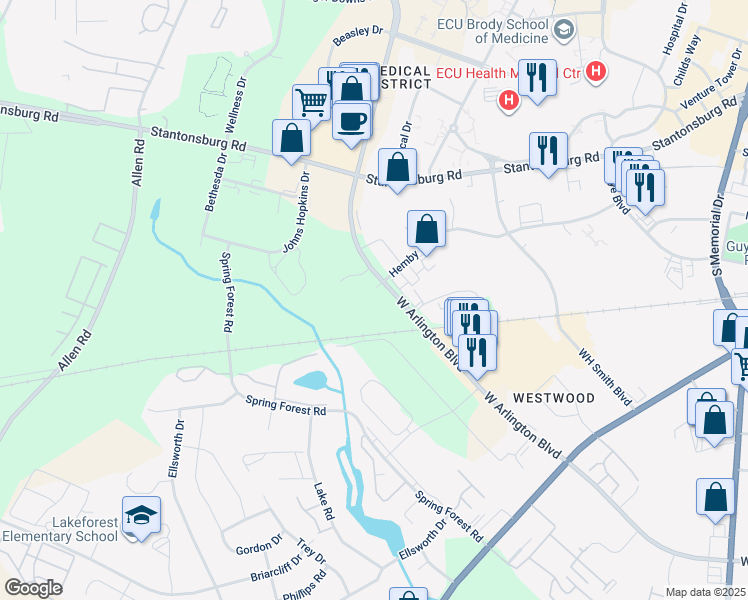 map of restaurants, bars, coffee shops, grocery stores, and more near 2495 Hemby Lane in Greenville