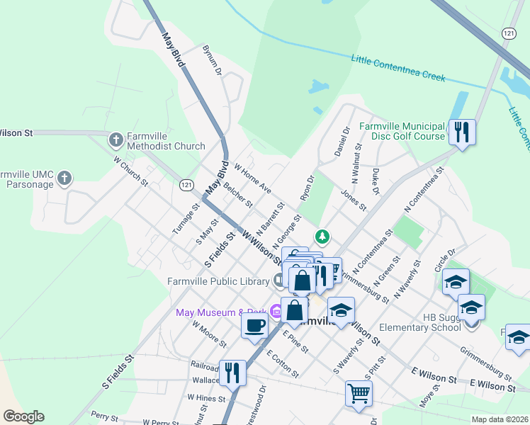 map of restaurants, bars, coffee shops, grocery stores, and more near in Farmville