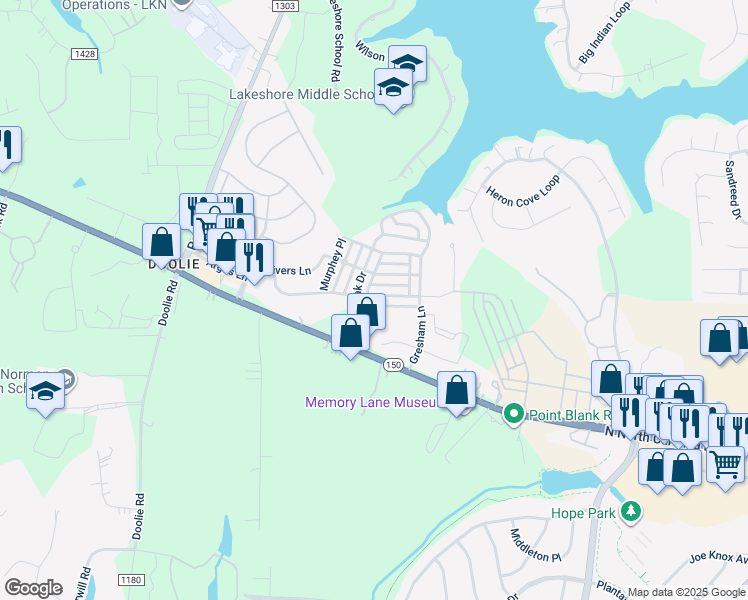 map of restaurants, bars, coffee shops, grocery stores, and more near 112 East Morehouse Avenue in Mooresville
