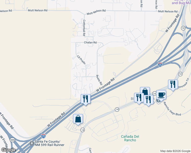 map of restaurants, bars, coffee shops, grocery stores, and more near 3 Camino Charro in Santa Fe