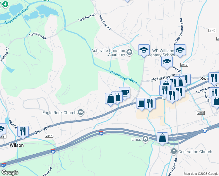 map of restaurants, bars, coffee shops, grocery stores, and more near Franklin Road in Swannanoa