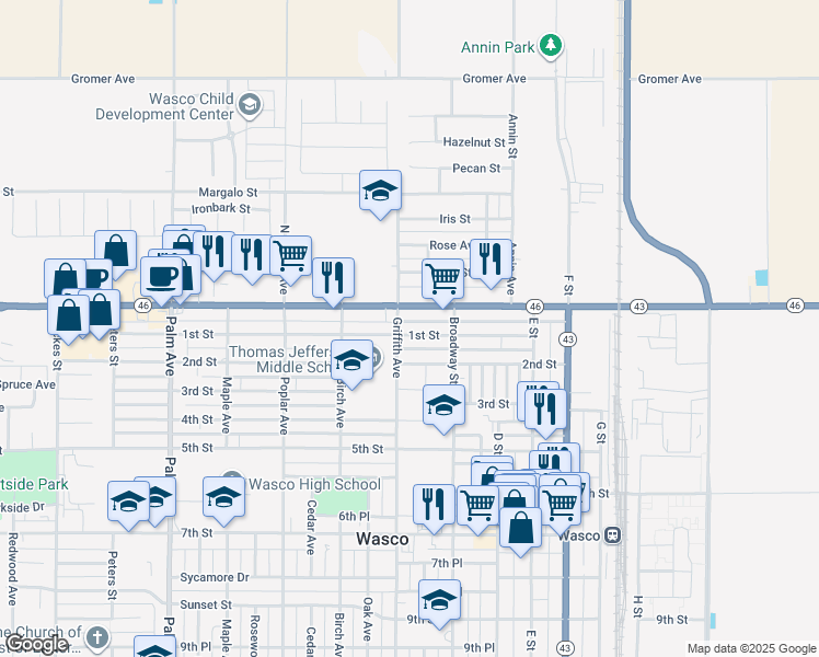 map of restaurants, bars, coffee shops, grocery stores, and more near 1218 1st Street in Wasco