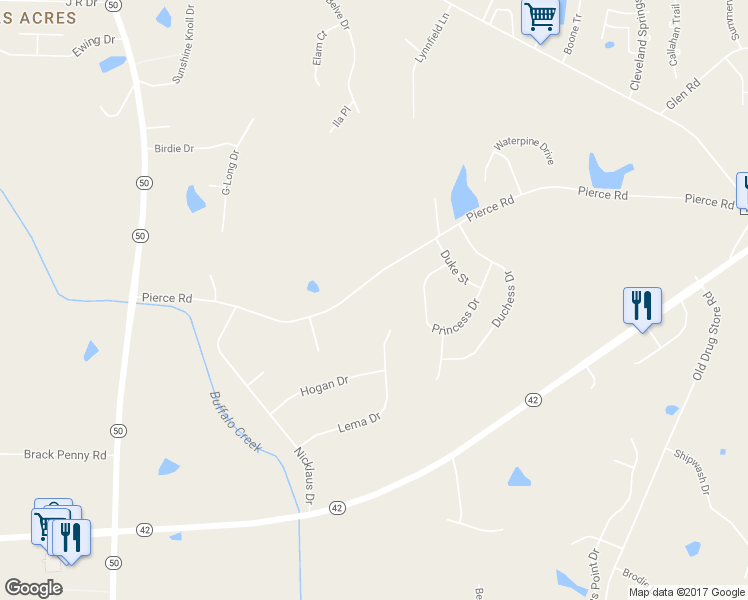 map of restaurants, bars, coffee shops, grocery stores, and more near 580 Pierce Road in Garner