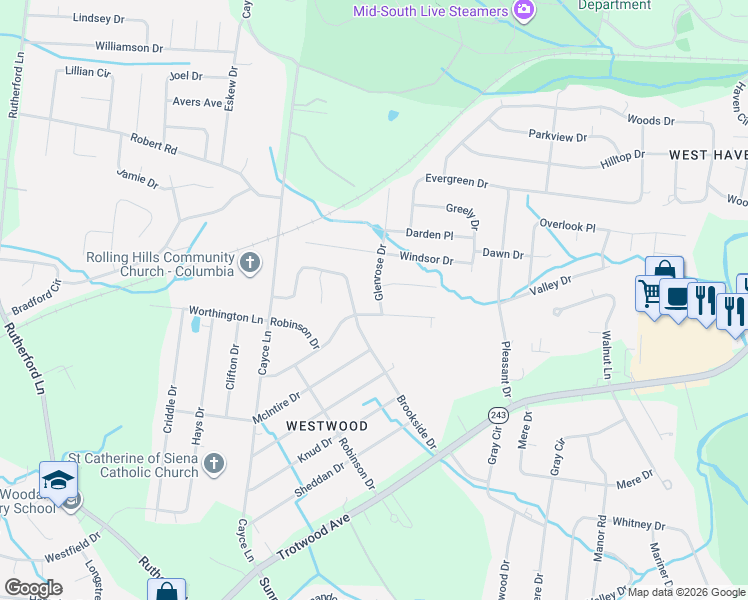 map of restaurants, bars, coffee shops, grocery stores, and more near 4003 Glenrose Drive in Columbia