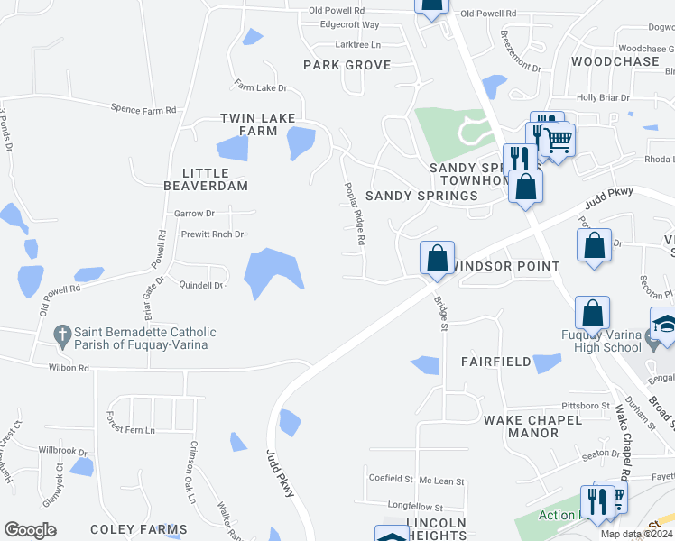 map of restaurants, bars, coffee shops, grocery stores, and more near 616 Three Meadows Road in Fuquay-Varina