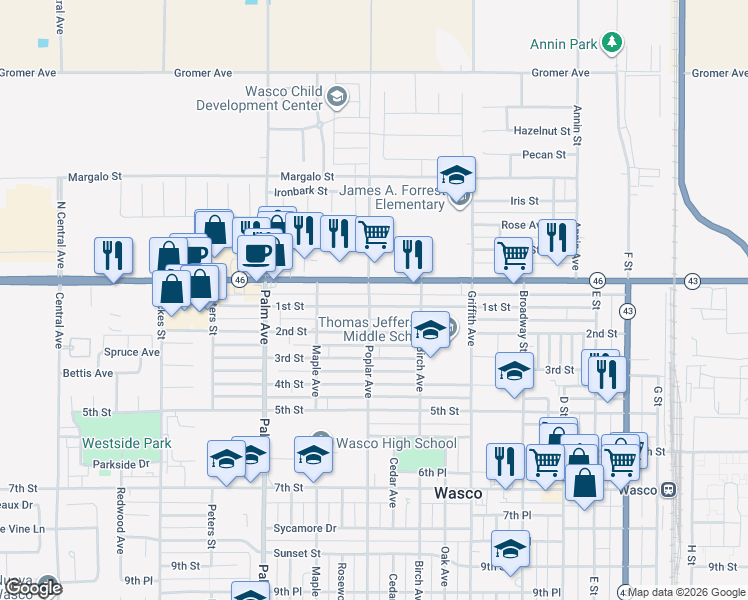 map of restaurants, bars, coffee shops, grocery stores, and more near 1634 1st Street in Wasco