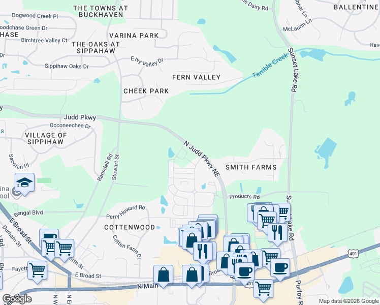 map of restaurants, bars, coffee shops, grocery stores, and more near Judd Pkwy in Fuquay-Varina