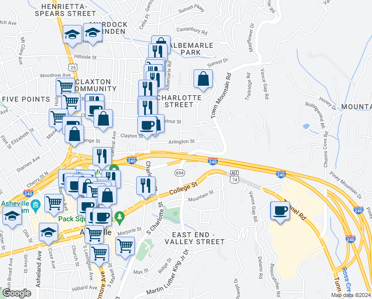 map of restaurants, bars, coffee shops, grocery stores, and more near 12 Furman Court in Asheville