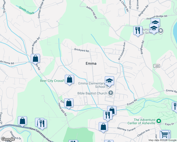 map of restaurants, bars, coffee shops, grocery stores, and more near 112 Brickyard Rd in Asheville