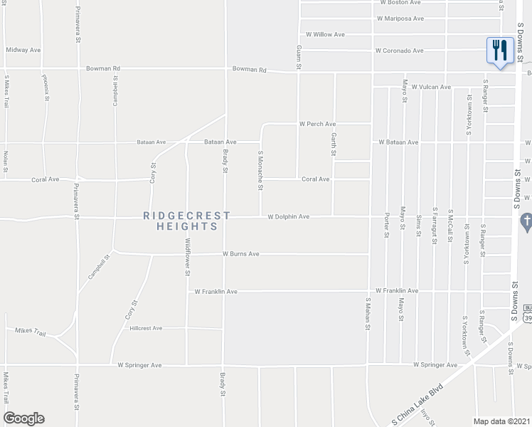 map of restaurants, bars, coffee shops, grocery stores, and more near 1566 West Dolphin Avenue in Ridgecrest