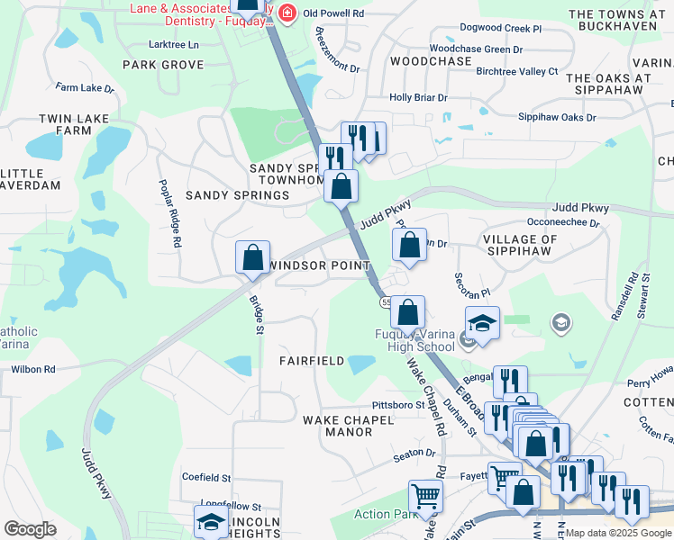 map of restaurants, bars, coffee shops, grocery stores, and more near 202 Wilbon Road in Fuquay-Varina