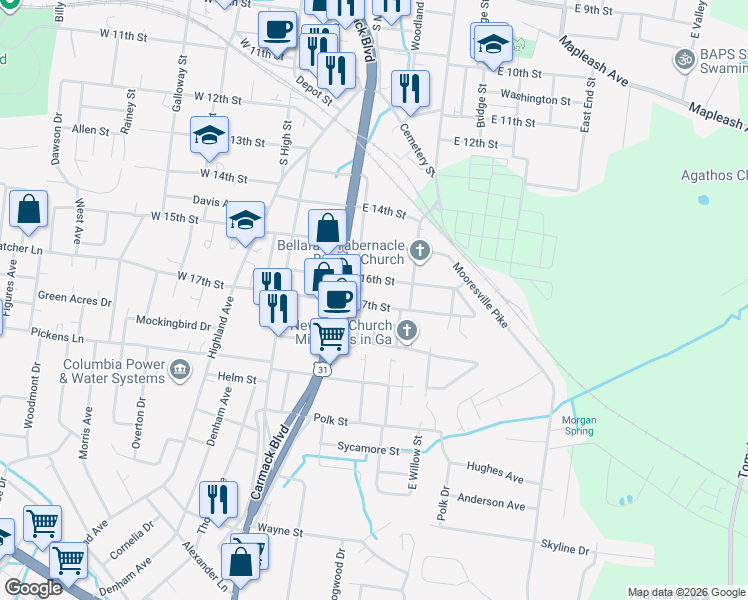 map of restaurants, bars, coffee shops, grocery stores, and more near 305 East 17th Street in Columbia