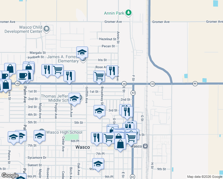 map of restaurants, bars, coffee shops, grocery stores, and more near 1000 1st Street in Wasco