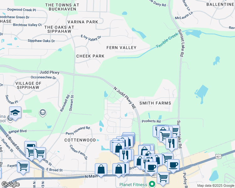 map of restaurants, bars, coffee shops, grocery stores, and more near 2320 Gathering Square Court in Fuquay-Varina