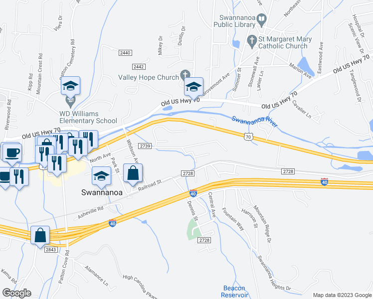 map of restaurants, bars, coffee shops, grocery stores, and more near 101 Barker Street in Swannanoa