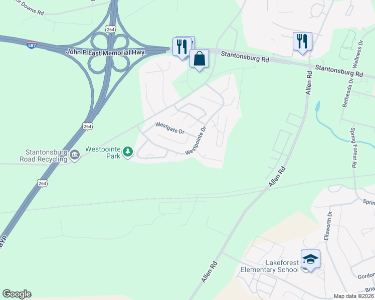 map of restaurants, bars, coffee shops, grocery stores, and more near 1508 Westpointe Drive in Greenville