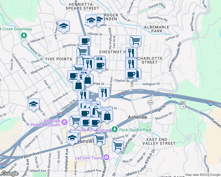 map of restaurants, bars, coffee shops, grocery stores, and more near 67 Central Avenue in Asheville