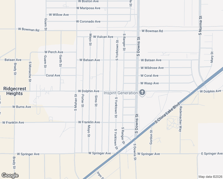 map of restaurants, bars, coffee shops, grocery stores, and more near 1233 South Yorktown Street in Ridgecrest