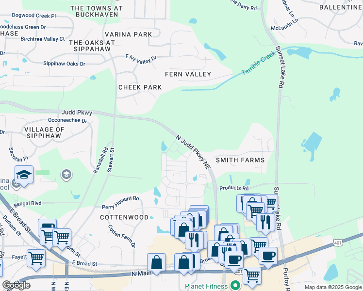 map of restaurants, bars, coffee shops, grocery stores, and more near Judd Pkwy in Fuquay-Varina