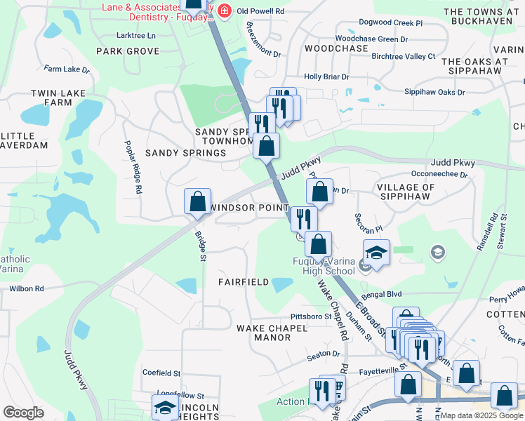 map of restaurants, bars, coffee shops, grocery stores, and more near 202 Wilbon Road in Fuquay-Varina