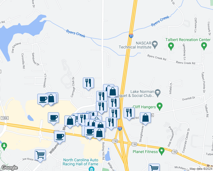map of restaurants, bars, coffee shops, grocery stores, and more near 551-567 Bluefield Rd in Mooresville