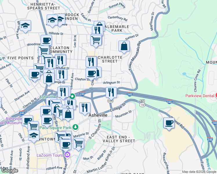 map of restaurants, bars, coffee shops, grocery stores, and more near 40 Arlington Street in Asheville
