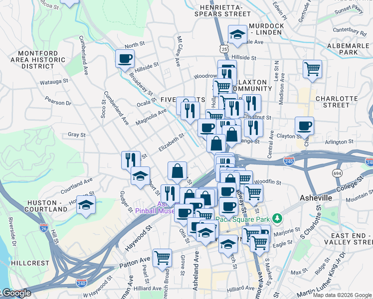 map of restaurants, bars, coffee shops, grocery stores, and more near 32 Elizabeth Place in Asheville