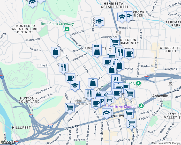 map of restaurants, bars, coffee shops, grocery stores, and more near 135 Flint Street in Asheville