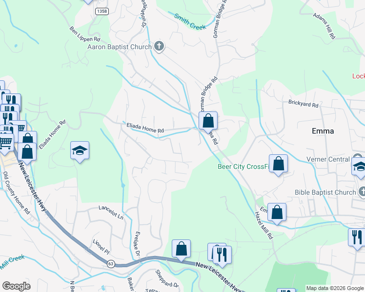 map of restaurants, bars, coffee shops, grocery stores, and more near 107 Smith Graveyard Road in Asheville