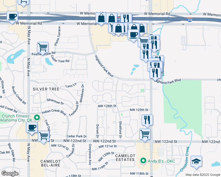 map of restaurants, bars, coffee shops, grocery stores, and more near 12831 Stratford Drive in Oklahoma City