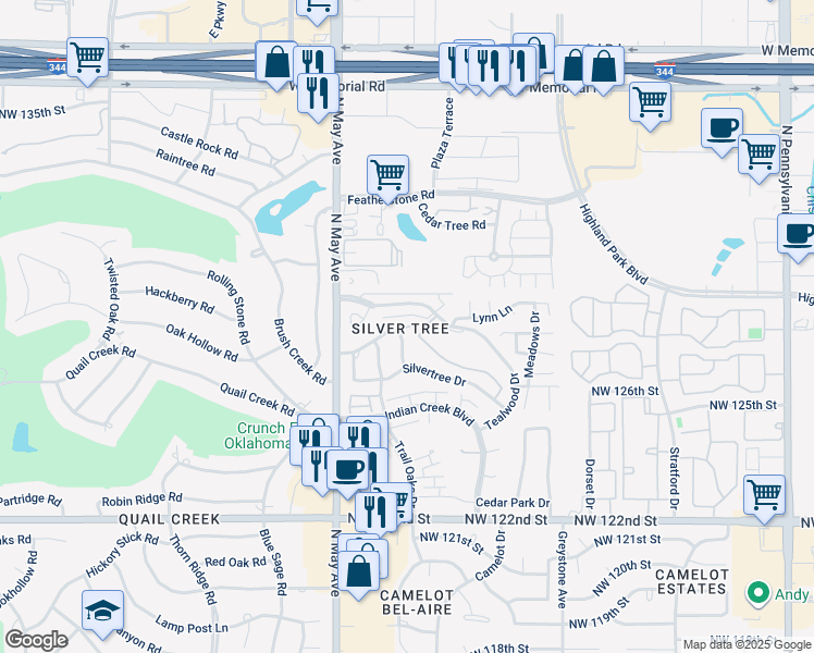 map of restaurants, bars, coffee shops, grocery stores, and more near 2801 Silver Glade Road in Oklahoma City
