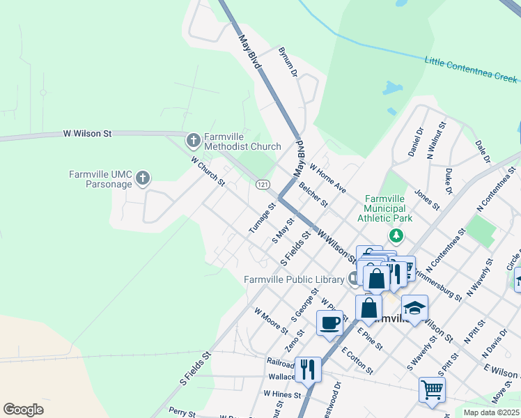 map of restaurants, bars, coffee shops, grocery stores, and more near 4460 West Church Street in Farmville
