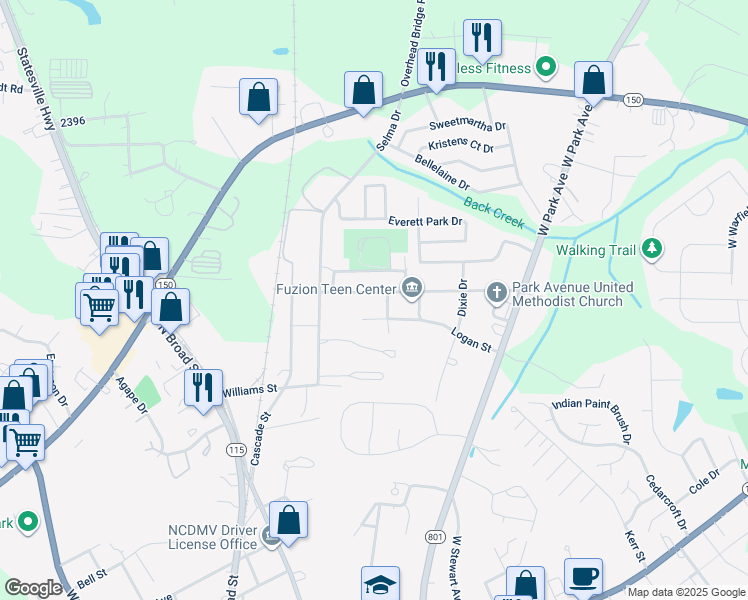 map of restaurants, bars, coffee shops, grocery stores, and more near 665 Brookwood Drive in Mooresville