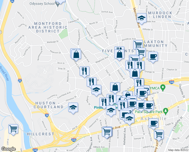 map of restaurants, bars, coffee shops, grocery stores, and more near 116 West Chestnut Street in Asheville