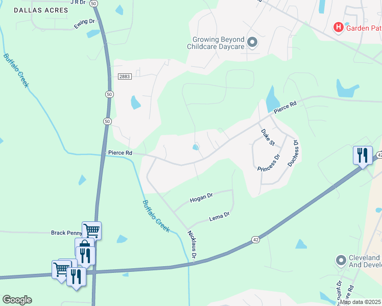 map of restaurants, bars, coffee shops, grocery stores, and more near 67 Pierce Landing Drive in Garner