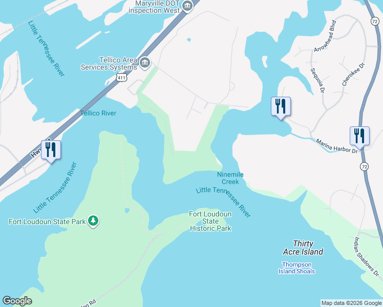 map of restaurants, bars, coffee shops, grocery stores, and more near Blockhouse Road in Vonore