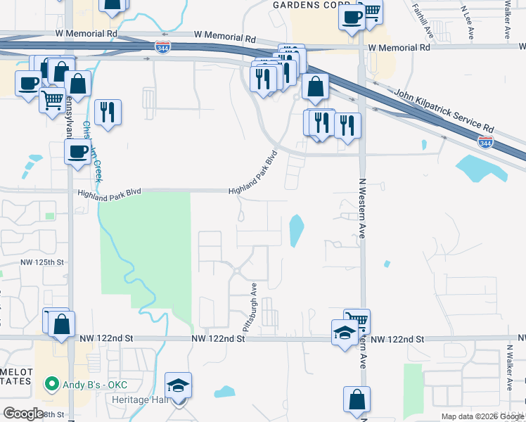 map of restaurants, bars, coffee shops, grocery stores, and more near 12901 William Penn Boulevard in Oklahoma City