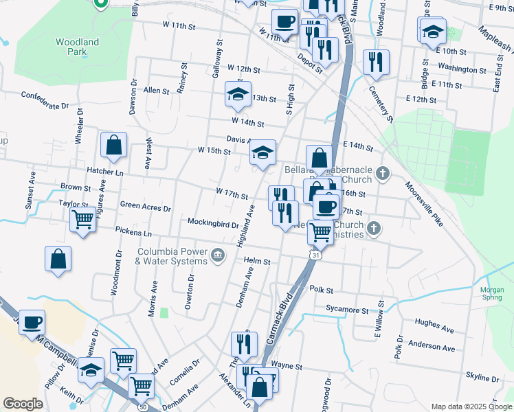 map of restaurants, bars, coffee shops, grocery stores, and more near 1803 Highland Avenue in Columbia