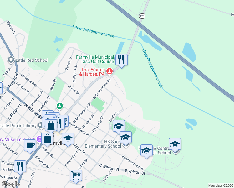 map of restaurants, bars, coffee shops, grocery stores, and more near 4052 Pinecrest Dr in Farmville
