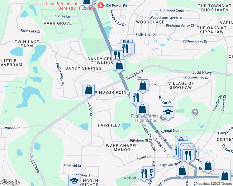 map of restaurants, bars, coffee shops, grocery stores, and more near 1221 Broad Street in Fuquay-Varina