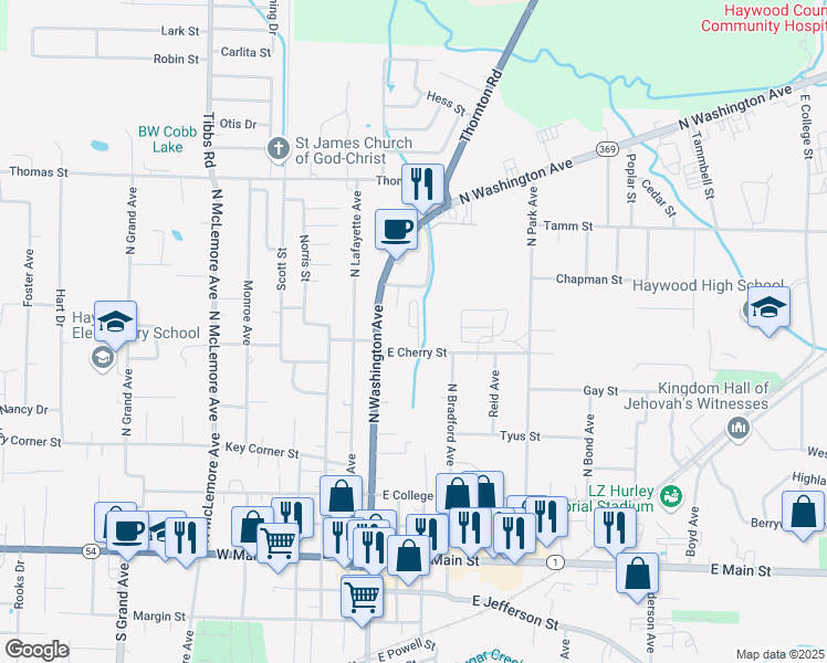 map of restaurants, bars, coffee shops, grocery stores, and more near 719 Cobb Cir in Brownsville