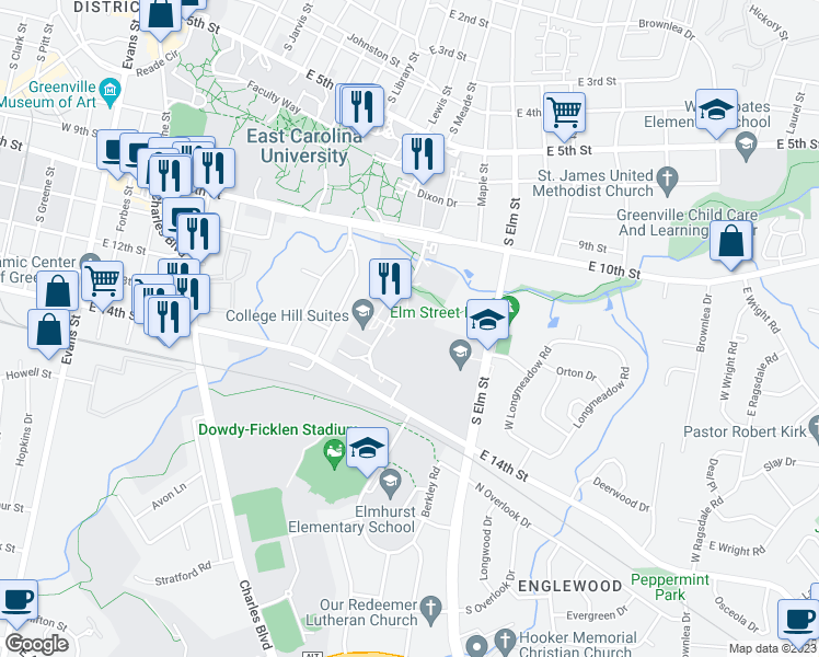 map of restaurants, bars, coffee shops, grocery stores, and more near 28884 College Hill Drive in Greenville